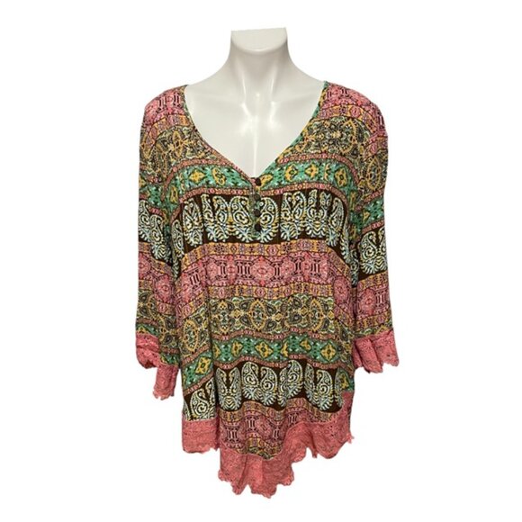 Farmer's Market by One World XL Neck Plunge Asymmetrical Boho Top - Picture 2 of 7